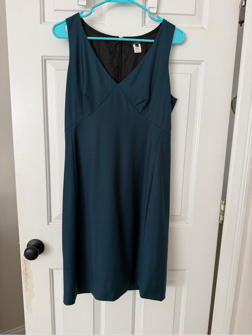 J. Crew Dark Teal Sleeveless V-Neck Midi Dress - 100% Wool with soft lining.